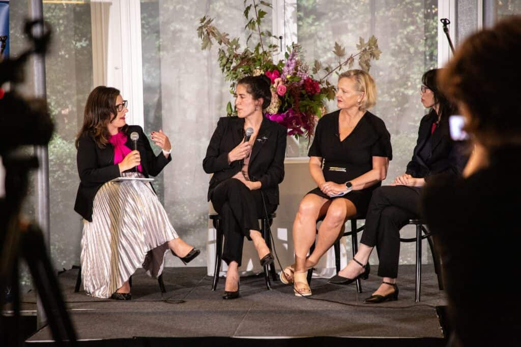 Viv Nguyen, Nola Karapanagiotidis, Corinne Proske and Fotini Kypraios seated on stage at the HACCI International Women's Day panel event, 2022.