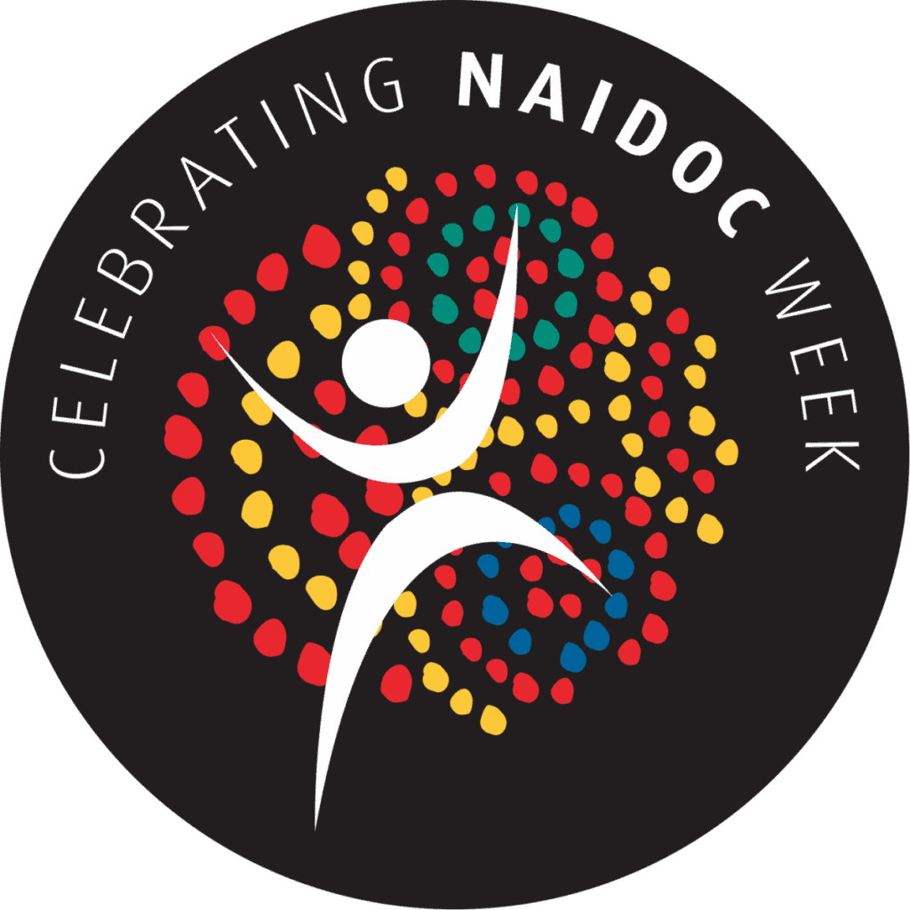 The NAIDOC Week logo: a black circle with a white figure in the centre surrounded by colourful red, yellow, green and blue dots, with white text that says 'celebrating NAIDOC week'.