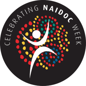 The NAIDOC Week logo: a black circle with a white figure in the centre surrounded by colourful red, yellow, green and blue dots, with white text that says 'celebrating NAIDOC week'.