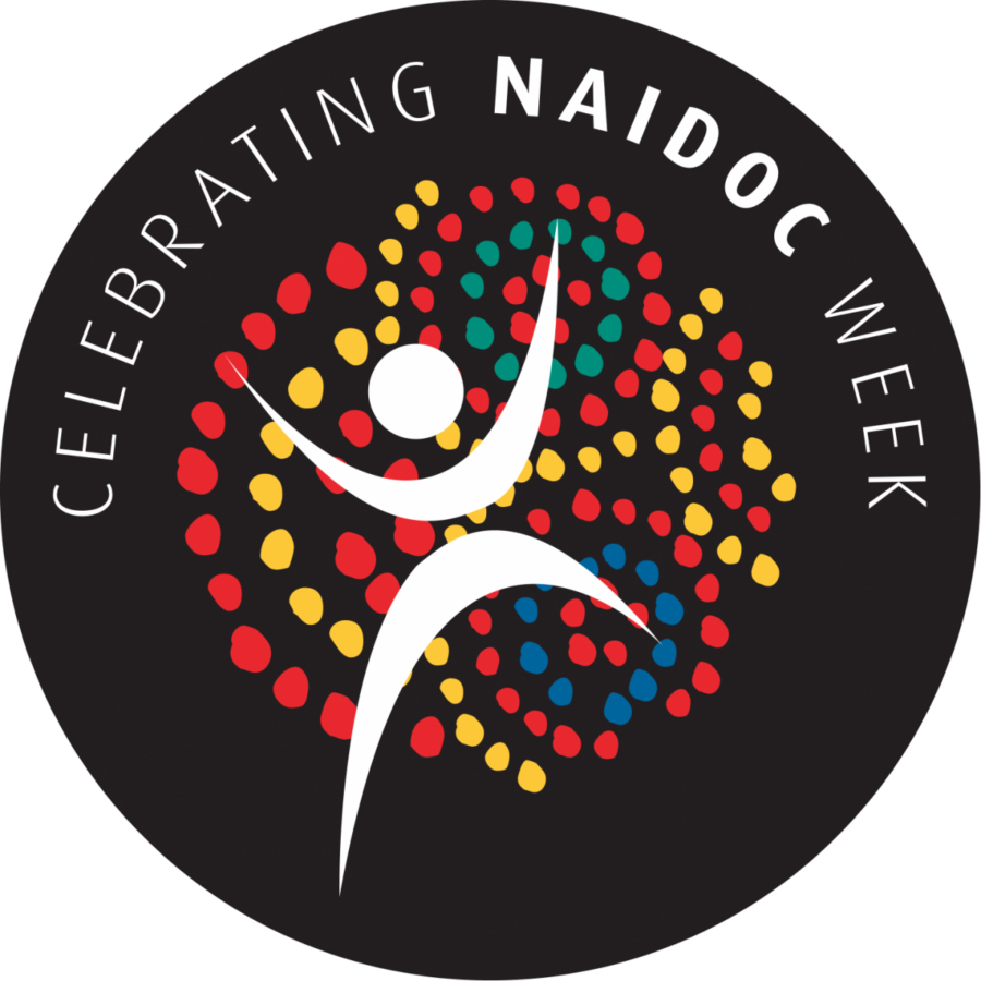 The NAIDOC Week logo: a black circle with a white figure in the centre surrounded by colourful red, yellow, green and blue dots, with white text that says 'celebrating NAIDOC week'.