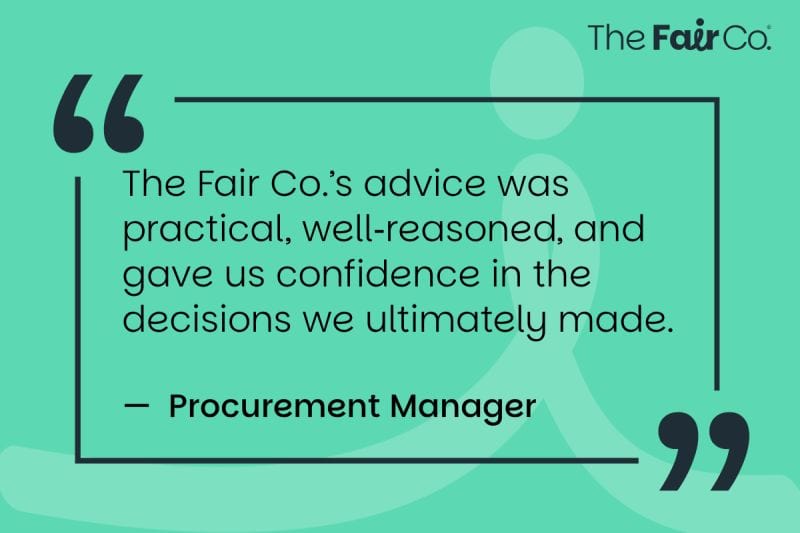 Customer testimonial for The Fair Co. highlighting practical advice and confidence in decision-makin.