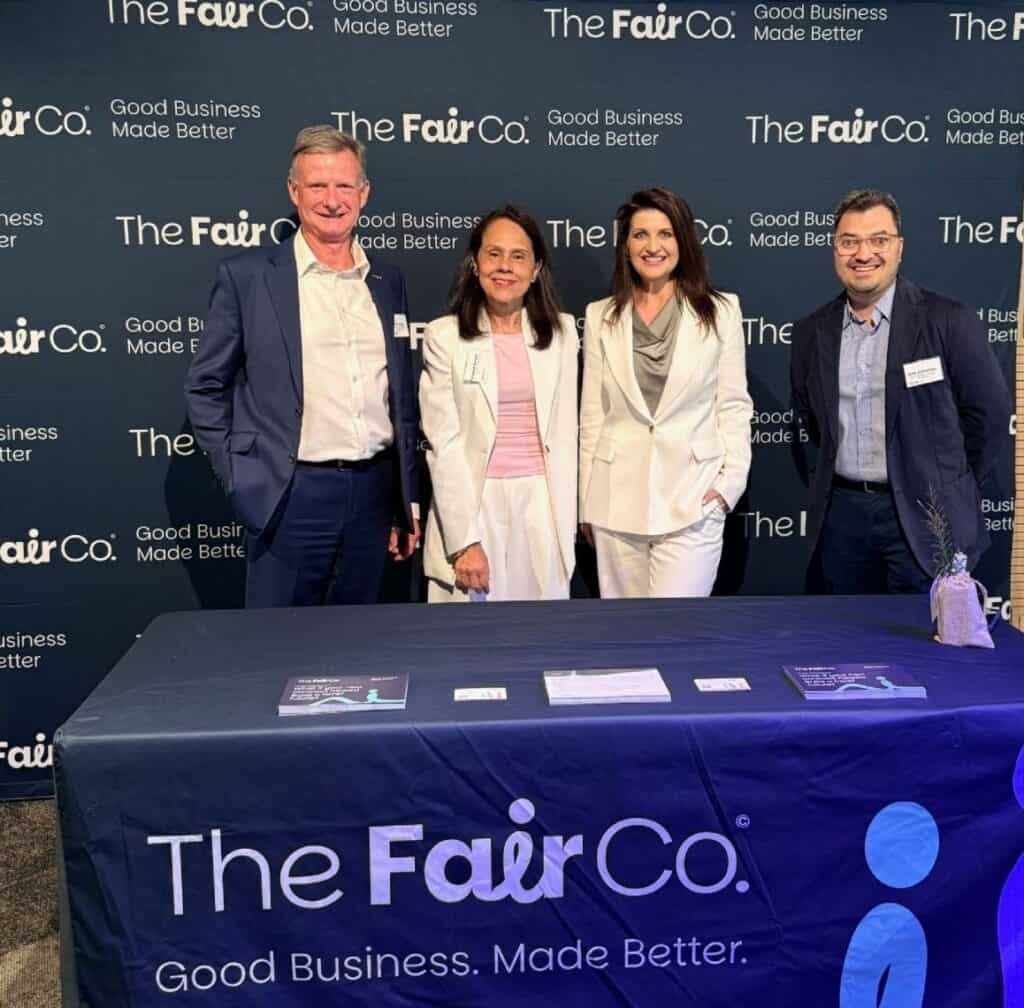 John, Margaret, Michelle and Ollie standing at The Fair Co's event booth
