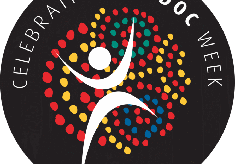 The NAIDOC Week logo: a black circle with a white figure in the centre surrounded by colourful red, yellow, green and blue dots, with white text that says 'celebrating NAIDOC week'.