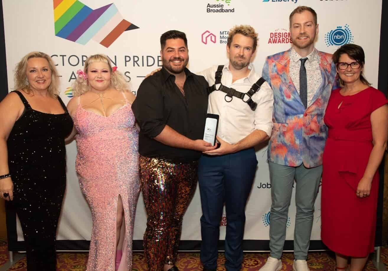 (L-R) Globe Marketing & Comms Director Jen Elmer, Jobsbank CEO Karina Davis with the Wimmera Pride Project team - Maddi Ostapiw ,Loucas Vettos, Patrick Quaine and Scott Robinson, at the Victorian Globe Awards.